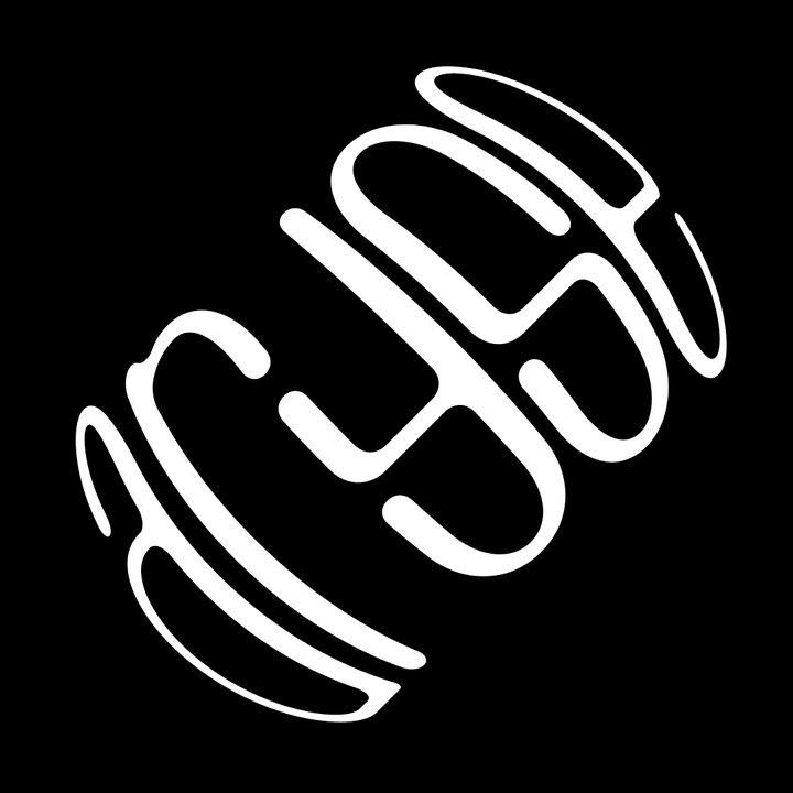 The wordmark on a sphere, white on black.
