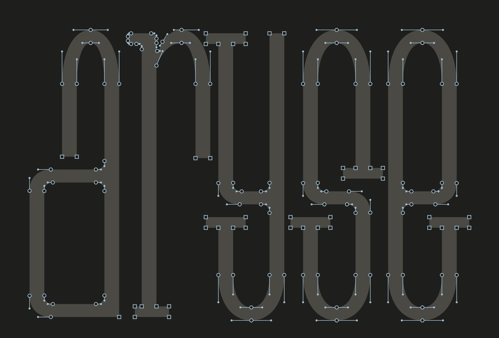 An early serif drawing of aryse shown as outlines with every anchor point and handle visible.